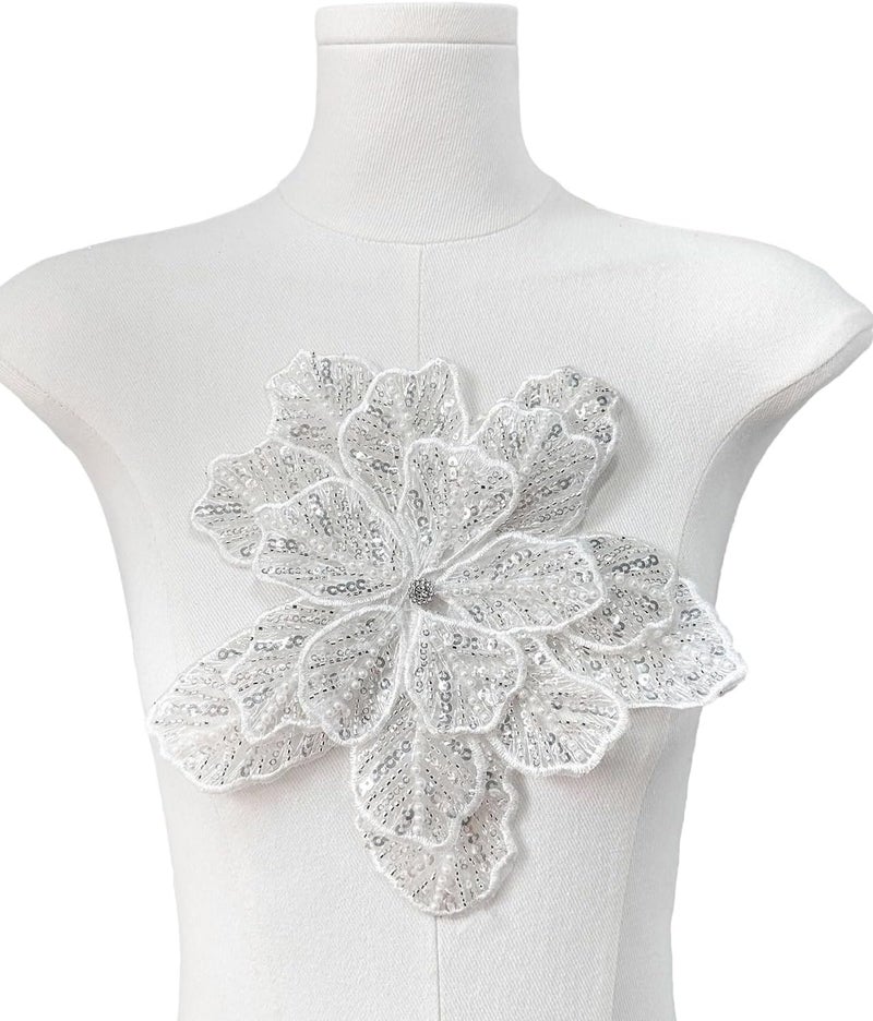 SAIXCCS 1pc Handmade Large Flower Rhinestone Applique for Clothes, Sparkly Sequin Beaded Patches for Wedding Dress, Embroidery Lace Sewing Patches for Bodice Hat Jean Jacket (White) - Image 2